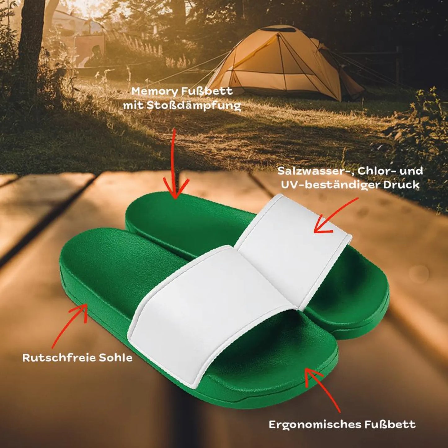 Badeschuhe "Camperlette", perfekt für Urlaub, Strand, Schwimmbad, Sauna, Badelatschen, FlipFlops, Adiletten, Slipper mit Campingmotiv
