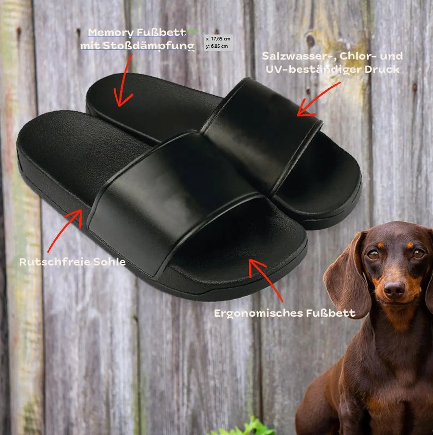 Badeschuhe "Gassiletten", für Urlaub, Strand, Schwimmbad, Sauna, Badelatschen, FlipFlops, Adiletten, Dackel, Dachshund, Hund, Gassi