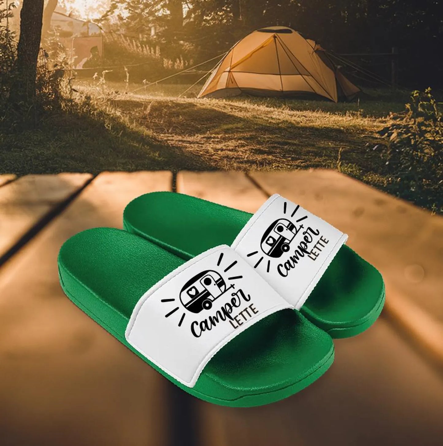 Badeschuhe "Camperlette", perfekt für Urlaub, Strand, Schwimmbad, Sauna, Badelatschen, FlipFlops, Adiletten, Slipper mit Campingmotiv