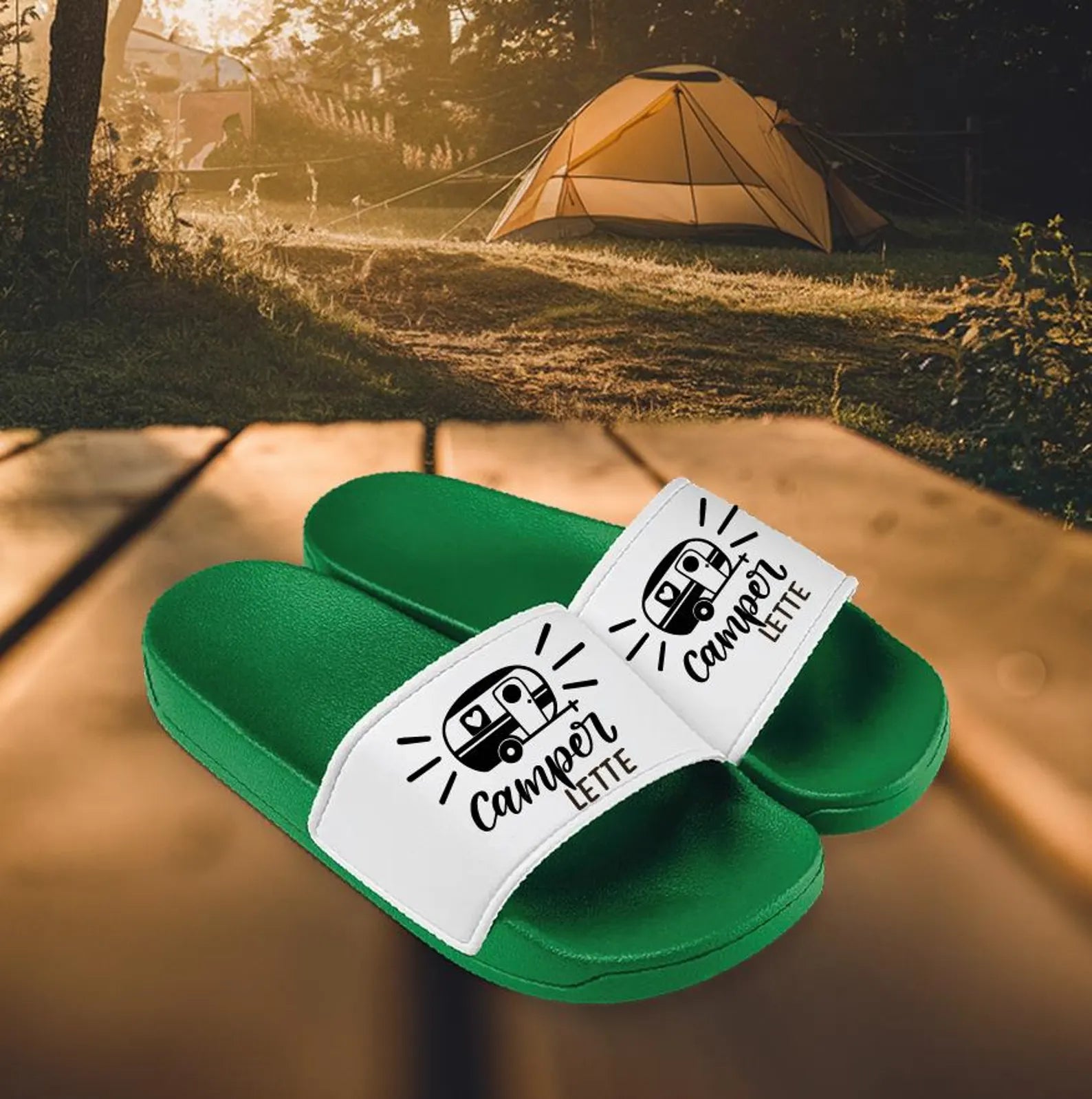 Badeschuhe "Camperlette", perfekt für Urlaub, Strand, Schwimmbad, Sauna, Badelatschen, FlipFlops, Adiletten, Slipper mit Campingmotiv