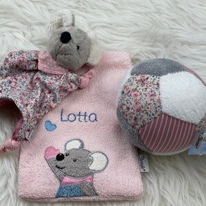 Sterntaler Waschlappen personalisiert | Geschenk zur Taufe | Geburt | Geburtstag | Patengeschenk | Maus Mabel | Esel Emmi | mit Stick |