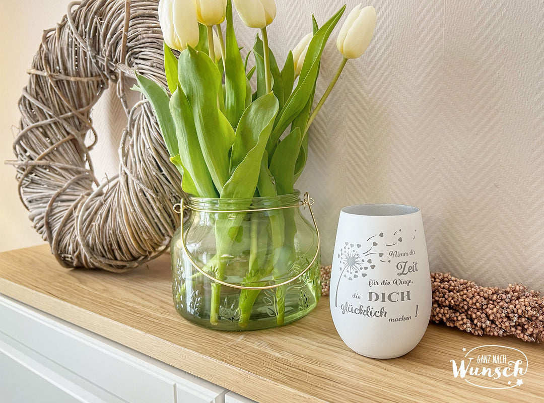 Windlicht aus Glas mit Wunschgravur