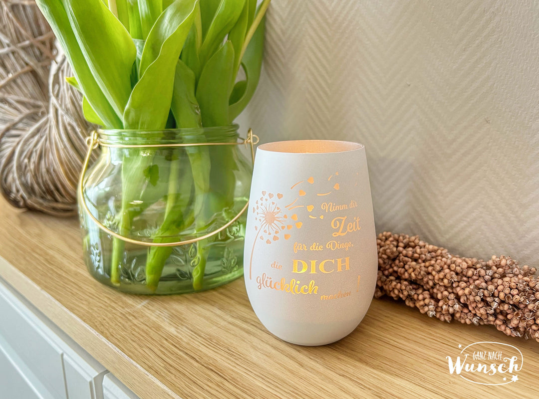 Windlicht aus Glas mit Wunschgravur