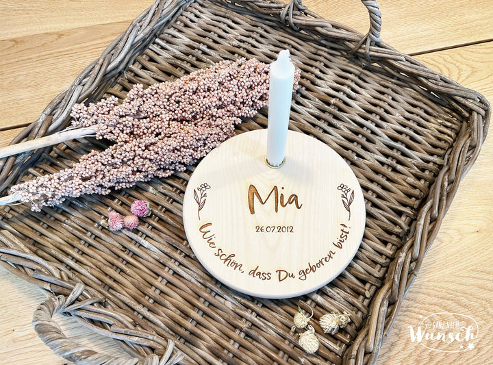 Geburtstags-Holzscheibe mit Name und Datum