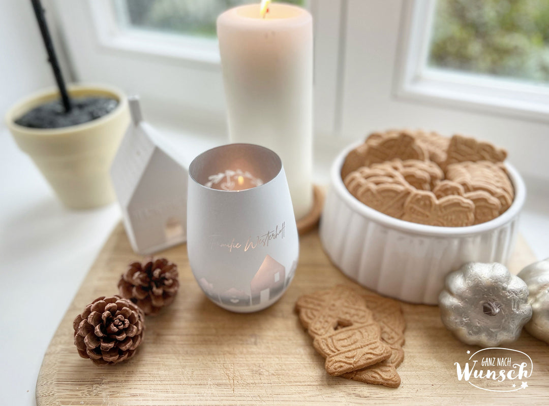 Windlicht „Willkommen in unserem Zuhause“ mit Gravur
