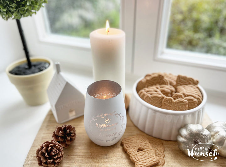 Windlicht „Willkommen in unserem Zuhause“ mit Gravur