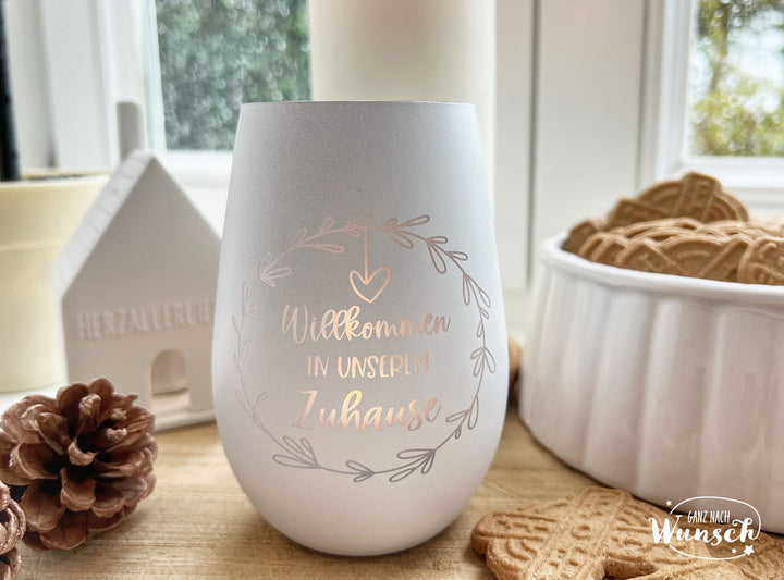 Windlicht „Willkommen in unserem Zuhause“ mit Gravur