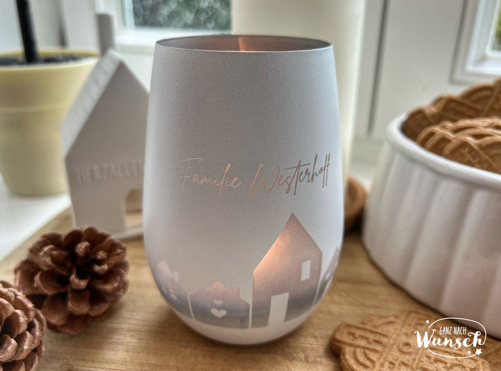 Windlicht „Willkommen in unserem Zuhause“ mit Gravur