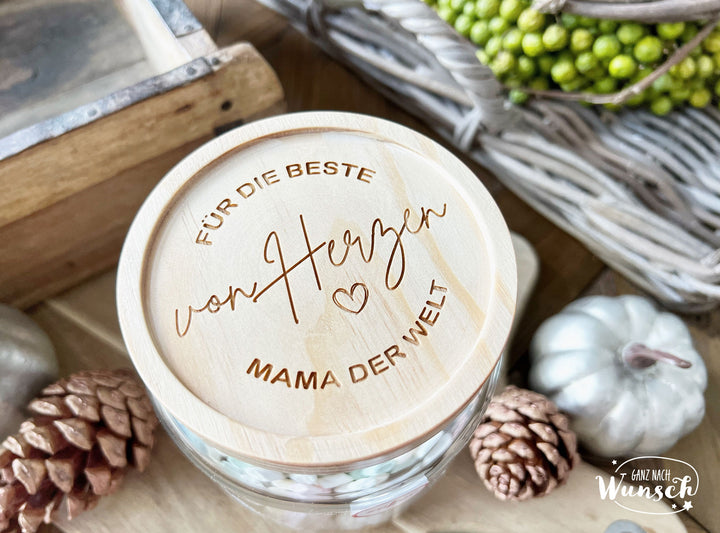 Vorratsglas mit Holzdeckel zu Weihnachten – personalisiert
