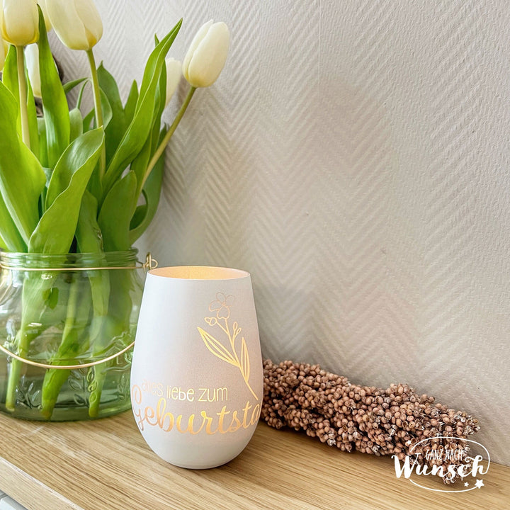Geburtstags-Windlicht mit floralem Motiv und Gravur