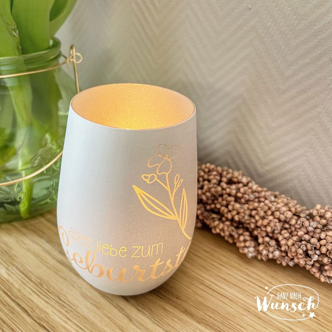 Geburtstags-Windlicht mit floralem Motiv und Gravur