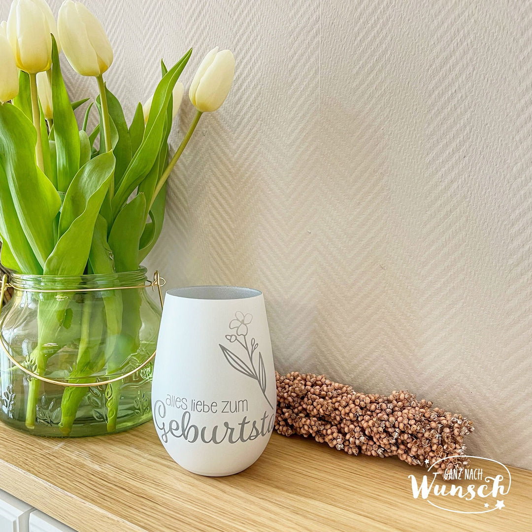 Geburtstags-Windlicht mit floralem Motiv und Gravur