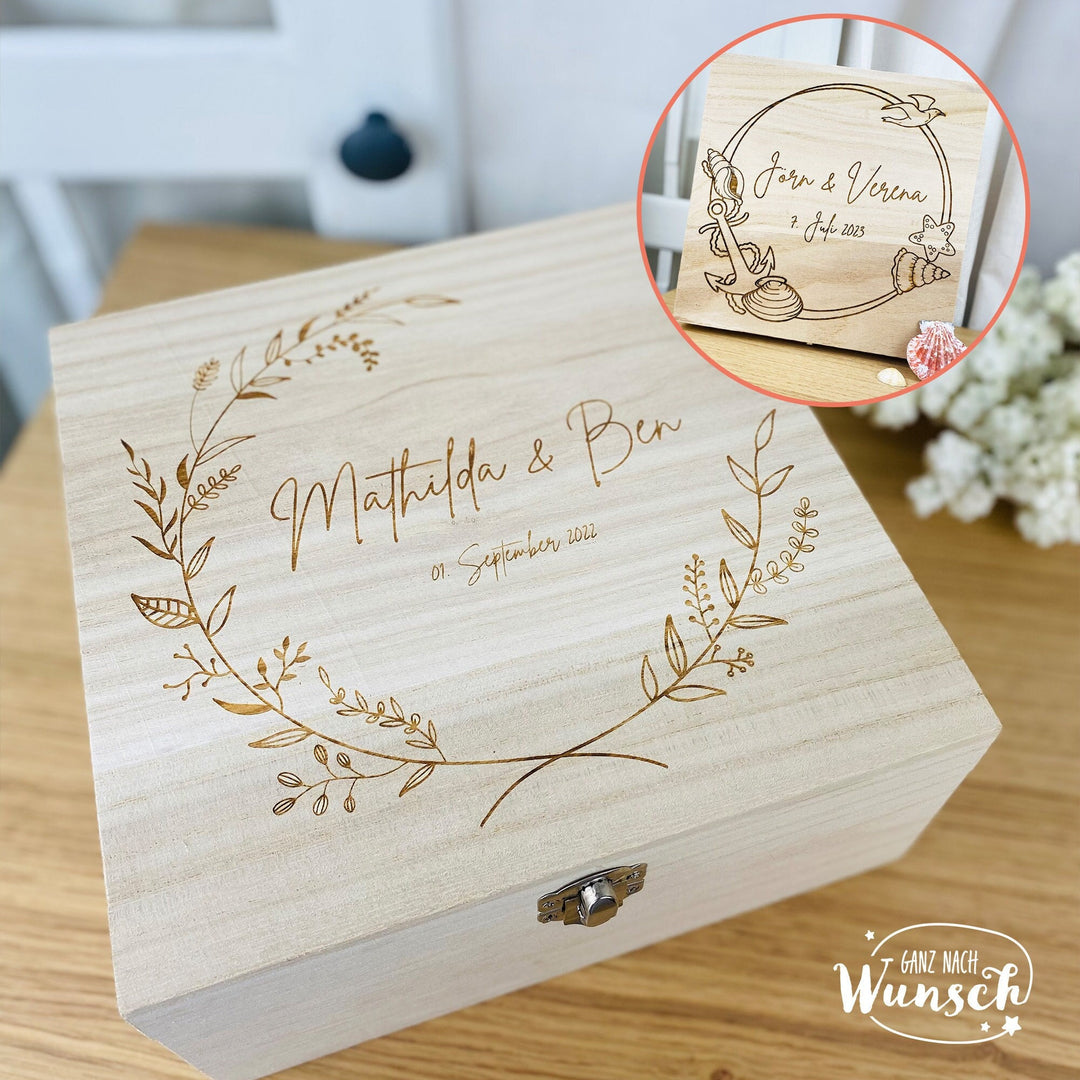 Holzkiste zur Hochzeit – florale oder maritime Gravur