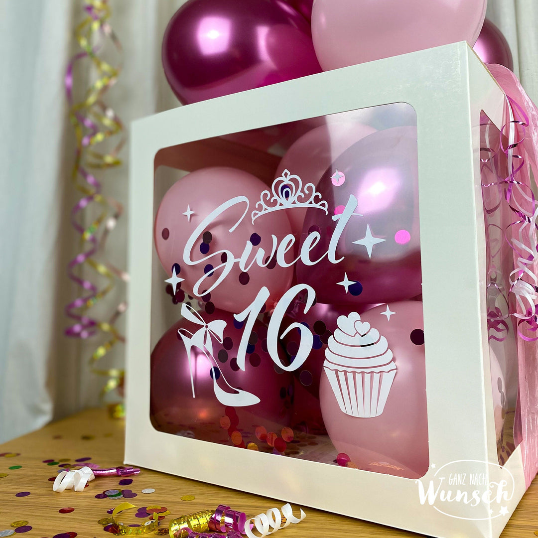Geschenkbox zum 16. Geburtstag – Ballonbox mit Luftballons – personalisiert