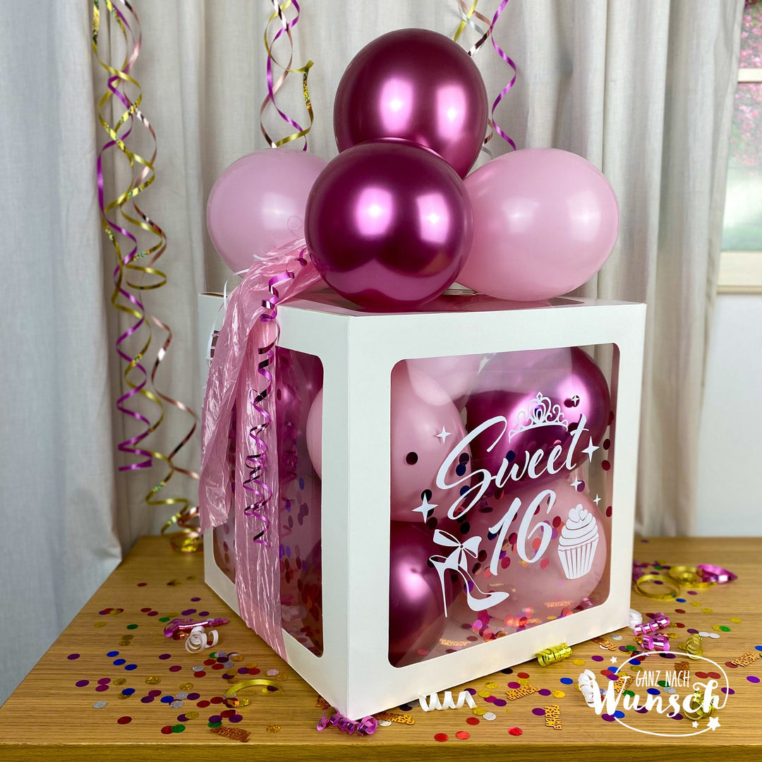 Geschenkbox zum 16. Geburtstag – Ballonbox mit Luftballons – personalisiert