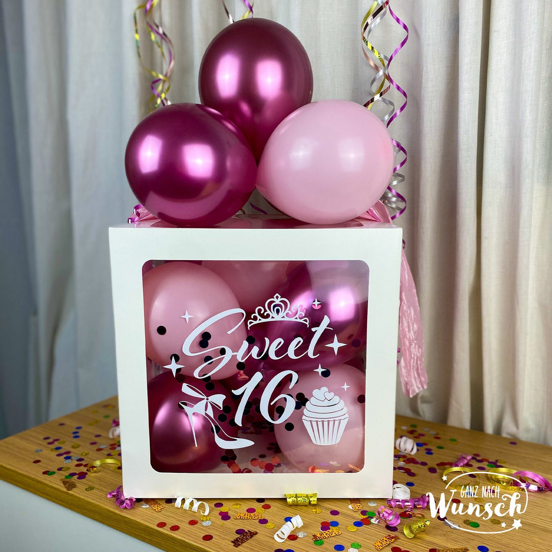 Geschenkbox zum 16. Geburtstag – Ballonbox mit Luftballons – personalisiert