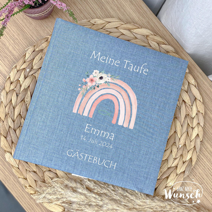 Taufalbum mit Leinen-Einband und rosa Regenbogen