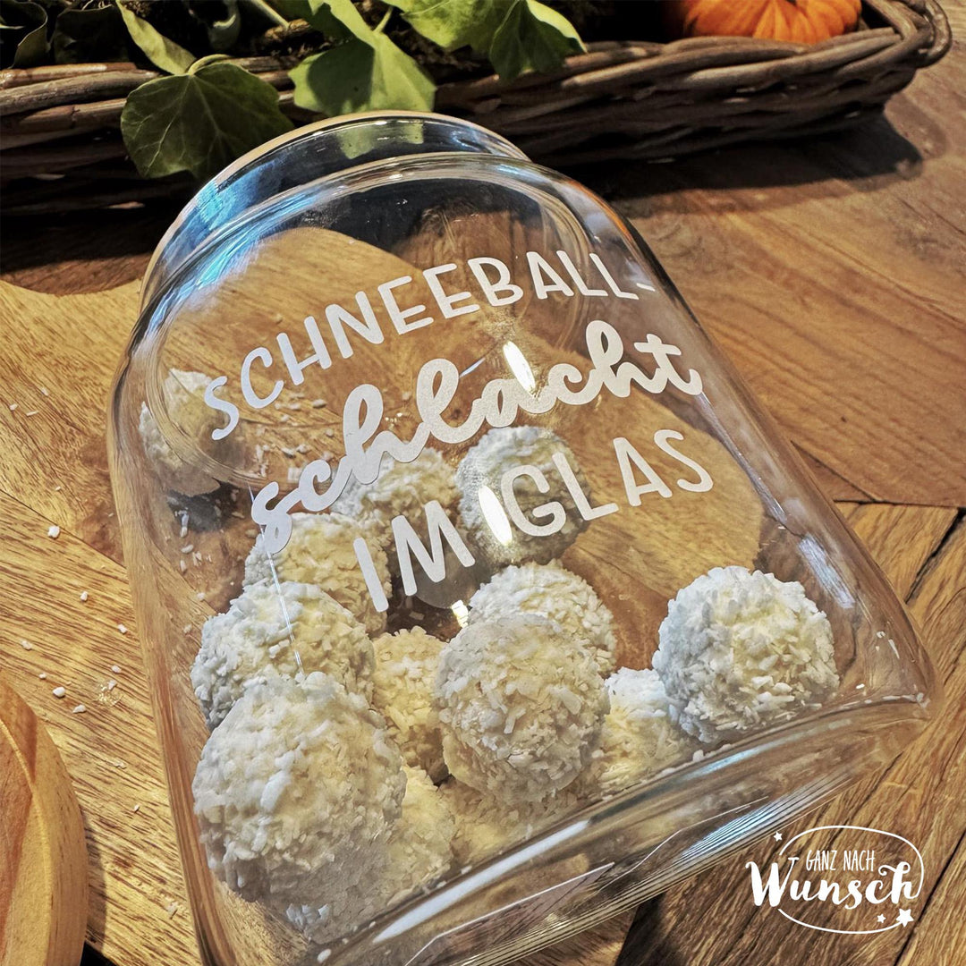 Schneeballschlacht im Glas – Geschenkglas mit Namen und Holzdeckel