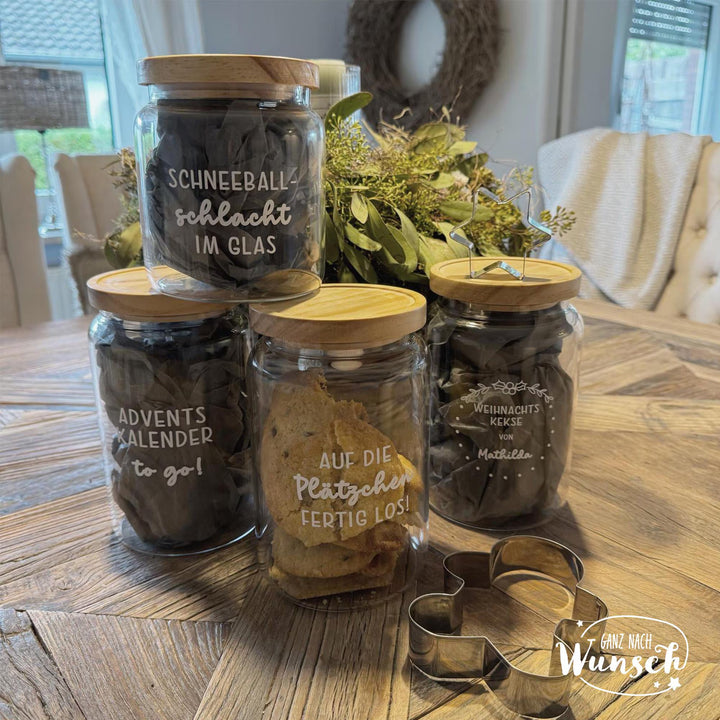 Keksglas „Weihnachtskekse“ mit Namen – Glas mit Holzdeckel