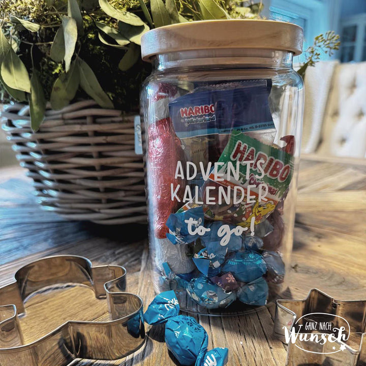Adventskalender to go – Glas mit Holzdeckel und Namen