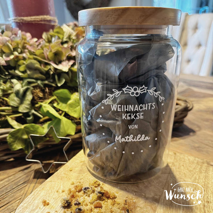 Keksglas „Weihnachtskekse“ mit Namen – Glas mit Holzdeckel