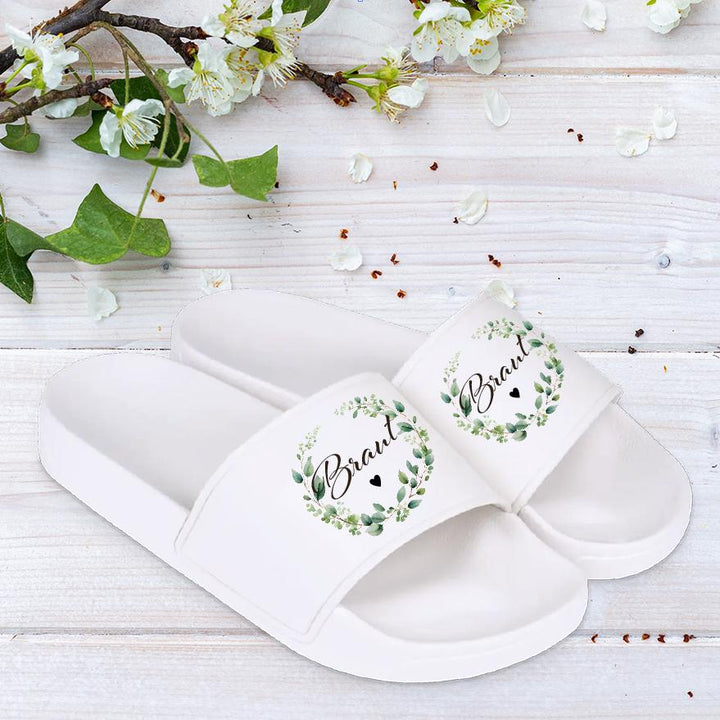 Badelatschen Braut – Eukalyptuskranz &amp; Schriftzug, Hochzeit Slides