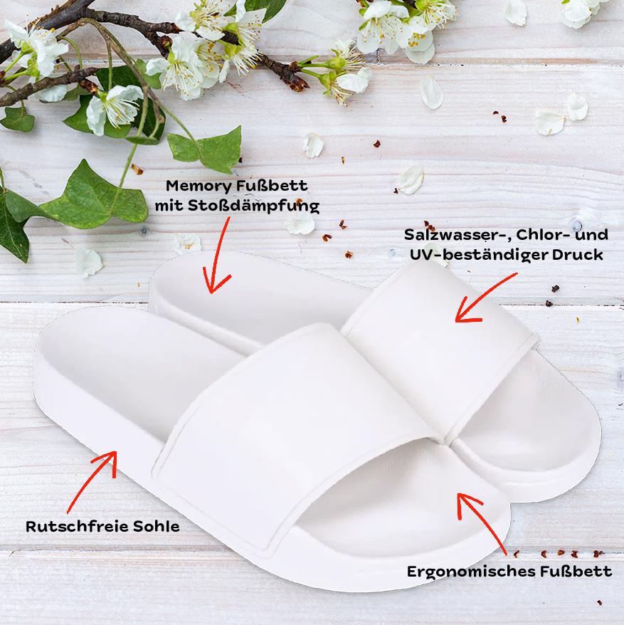 Badelatschen Braut – Eukalyptuskranz &amp; Schriftzug, Hochzeit Slides