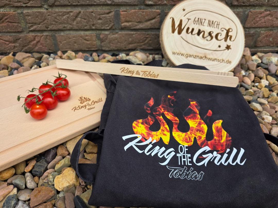 Grillset „King of the Grill“ mit Schürze, Brett und Zange