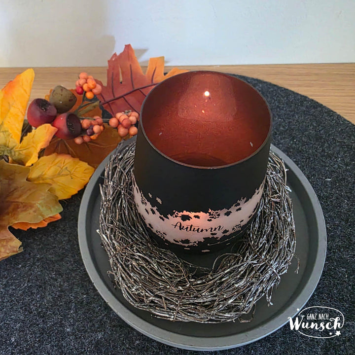 Windlicht „Autumn“ – Kristallglas mit Blätter-Motiv Gravur