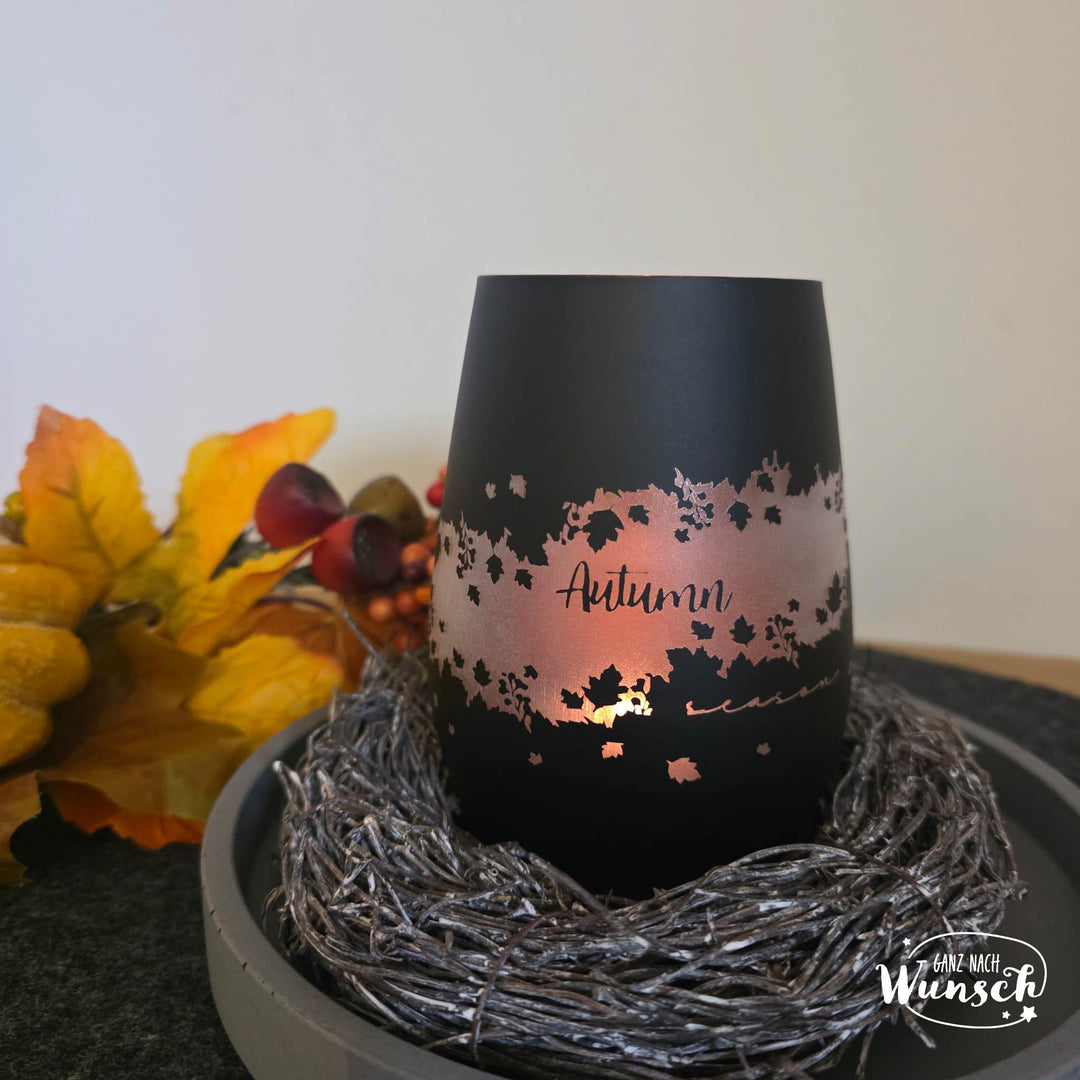 Windlicht „Autumn“ – Kristallglas mit Blätter-Motiv Gravur
