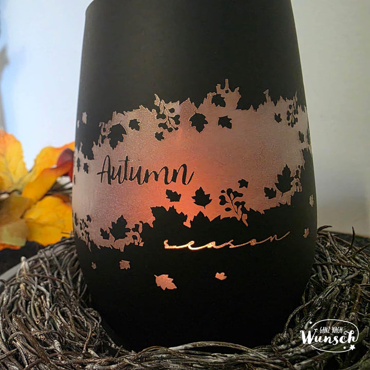 Windlicht „Autumn“ – Kristallglas mit Blätter-Motiv Gravur