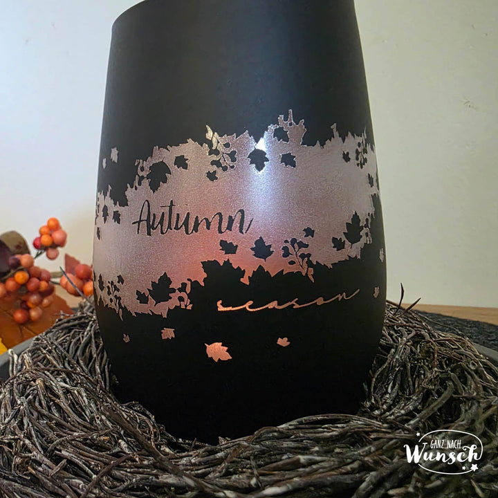 Windlicht „Autumn“ – Kristallglas mit Blätter-Motiv Gravur