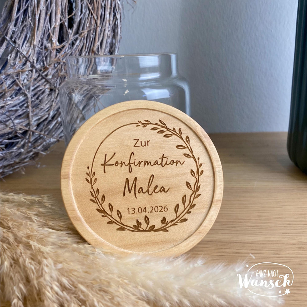 Vorratsglas zur Konfirmation mit Eukalyptus-Gravur
