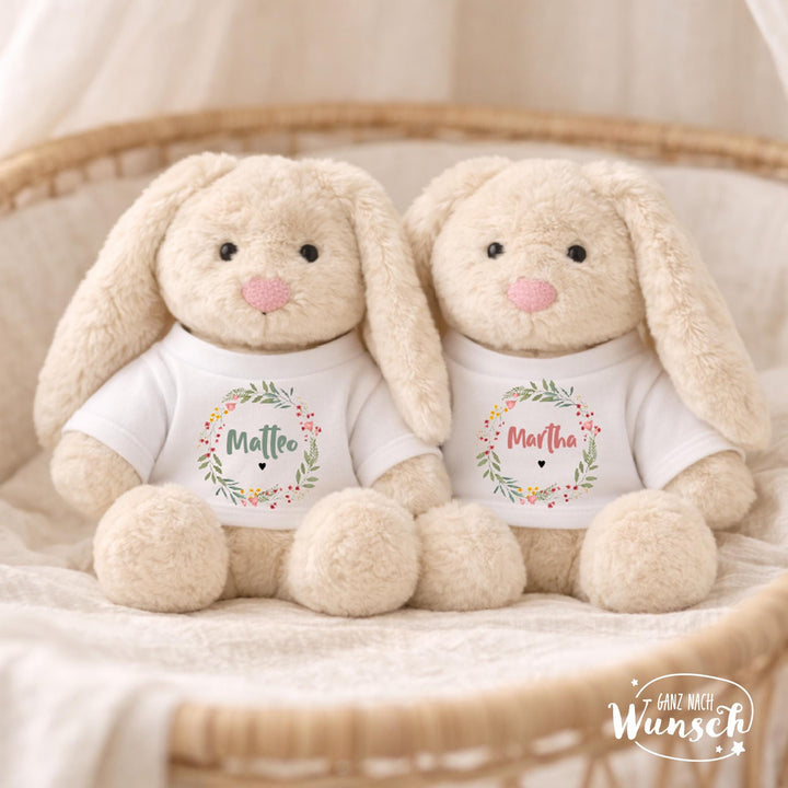 minifeet Stoffhase mit Name im Blumenkranz