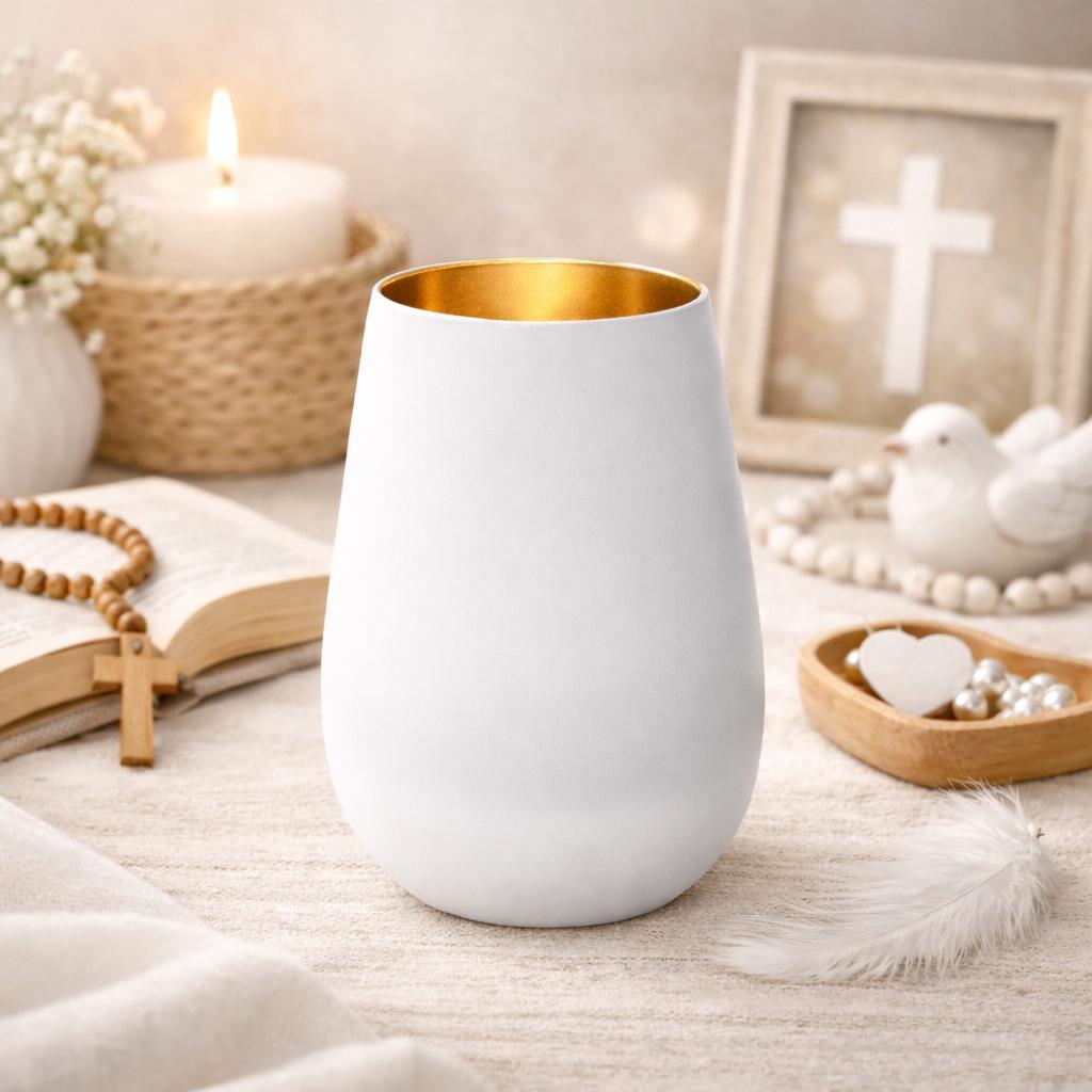 Windlicht mit Blumenkranz und Fisch – personalisiert