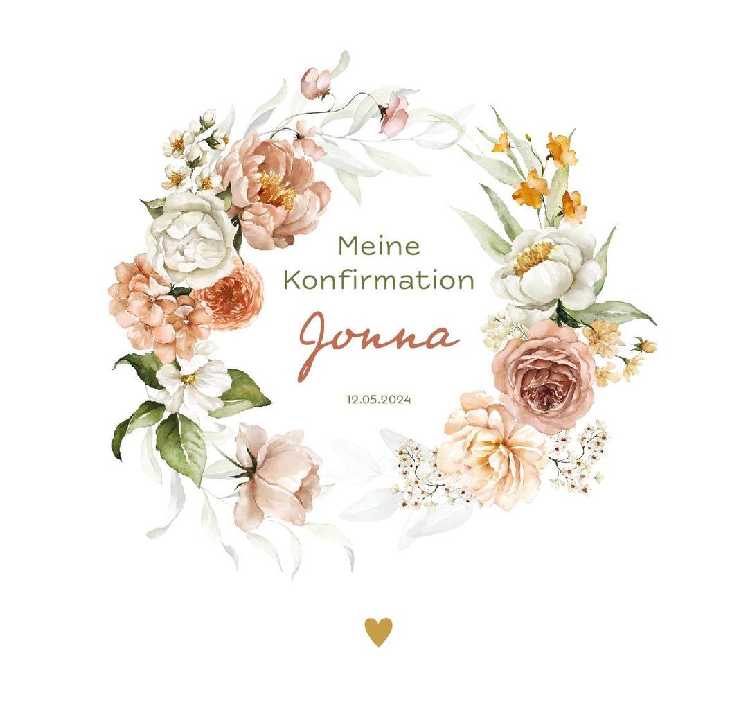 Holzkiste zur Konfirmation mit Blumenkranz und Namen