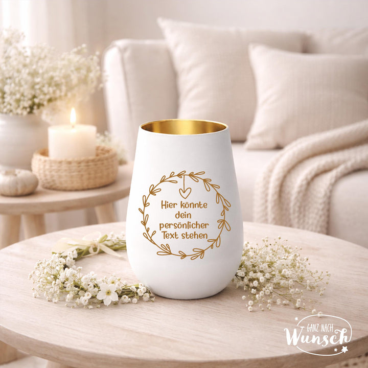 Windlicht „Wunschlicht“ mit Blumen, Herz und Wunschtext