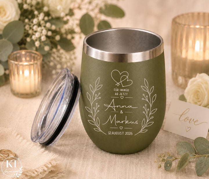 Thermobecher 330 ml zur Hochzeit mit Namen und Datum – Bild 1