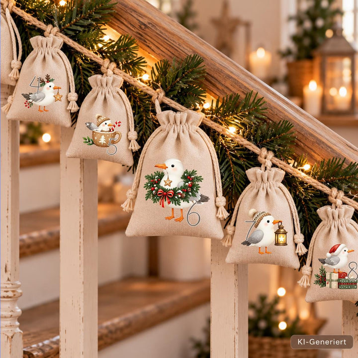 Adventskalender-Säckchen 24-teilig – DIY zum Aufbügeln oder fertig bedruckt – Bild 1
