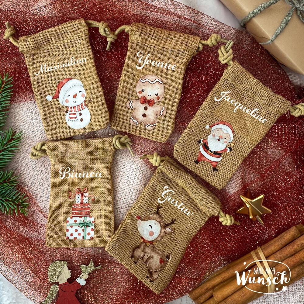 Jute-Geschenksäckchen mit Namen und Weihnachtsmotiv