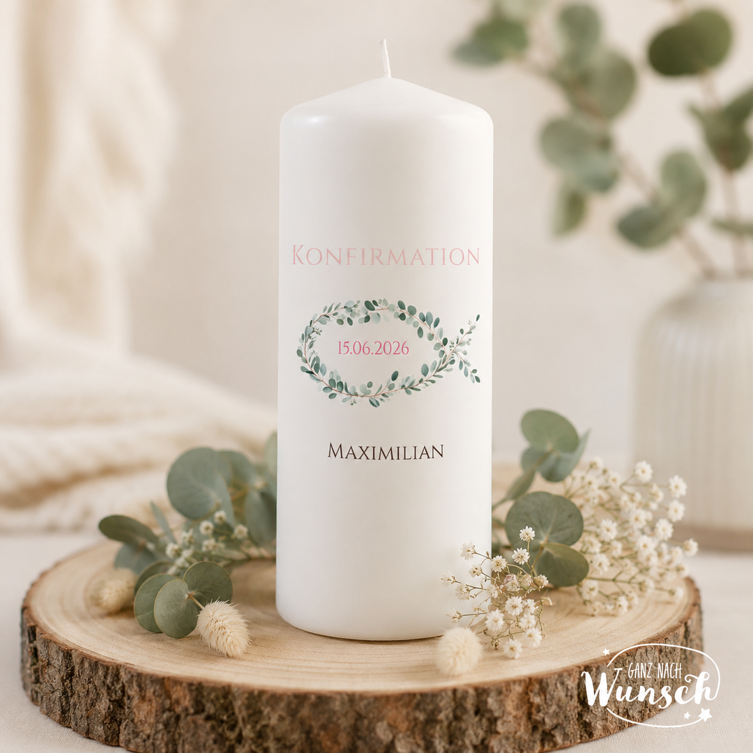 Kerze Kommunion, Konfirmation & Taufe personalisiert – Floralfisch