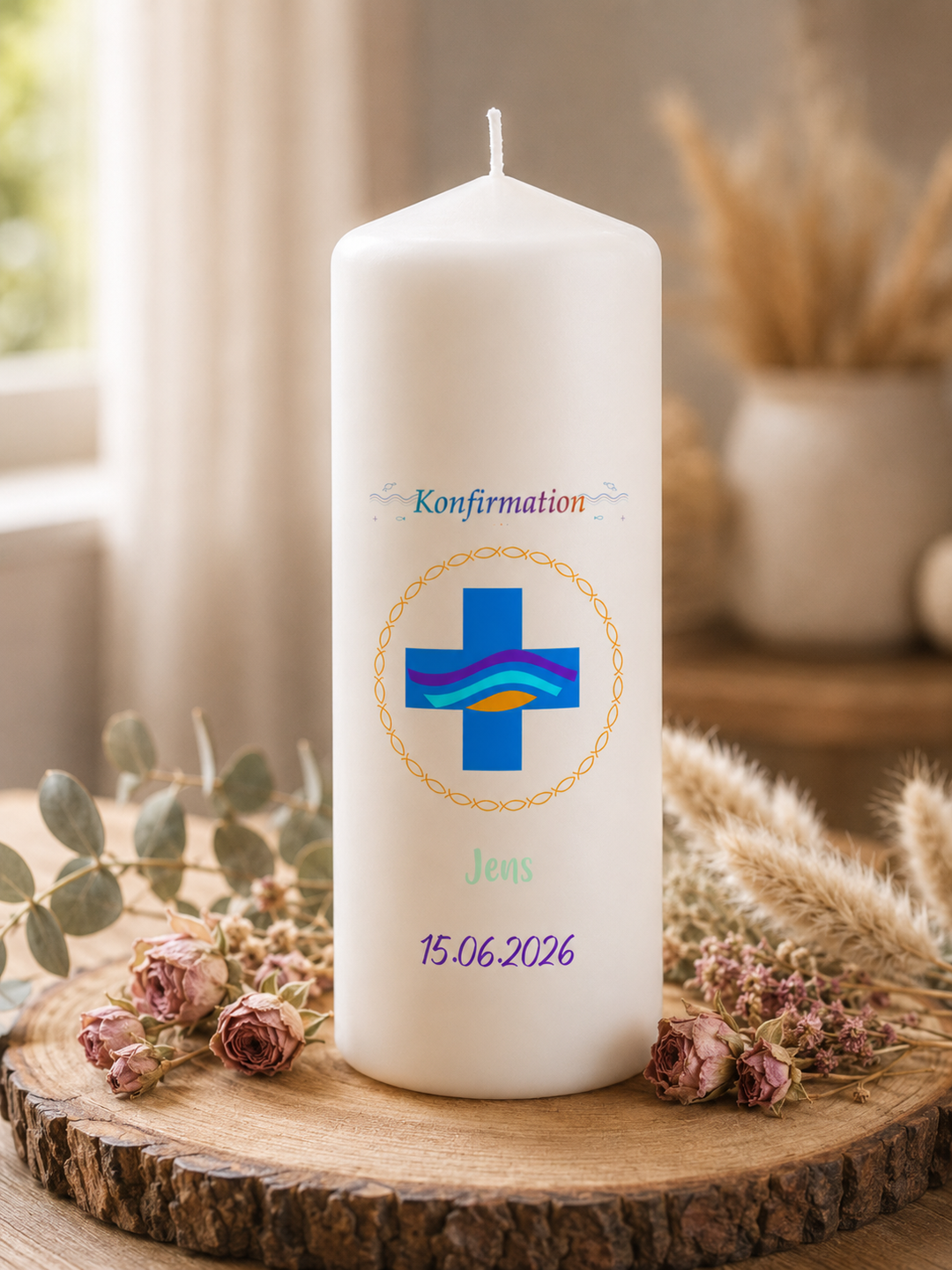 Kerze personalisiert Kreuz &amp; Fisch – Taufe Kommunion Konfirmation