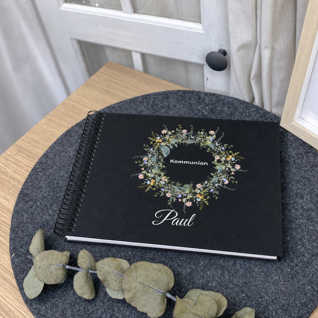 Album Kommunion personalisiert mit Blumenkranz – Spiralalbum 20x20 mit Namen