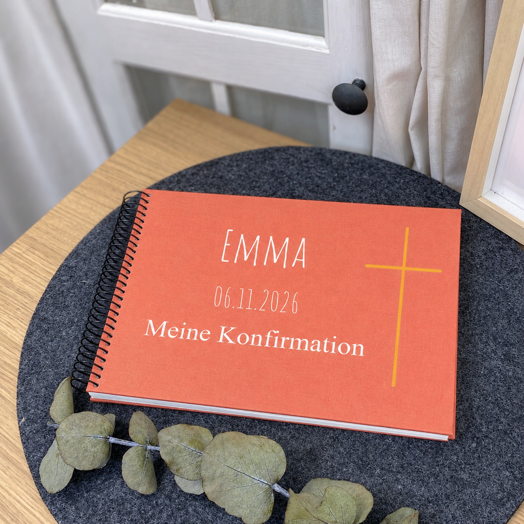 Konfirmations-Album personalisiert mit Kreuz – Spiralalbum 20x20 mit Namen & Datum