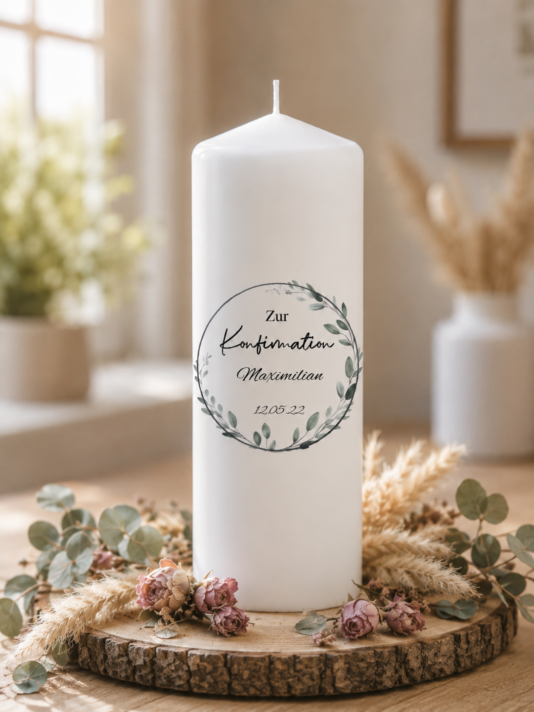 Konfirmationskerze personalisiert „Eukalyptus“ – mit Namen & Datum