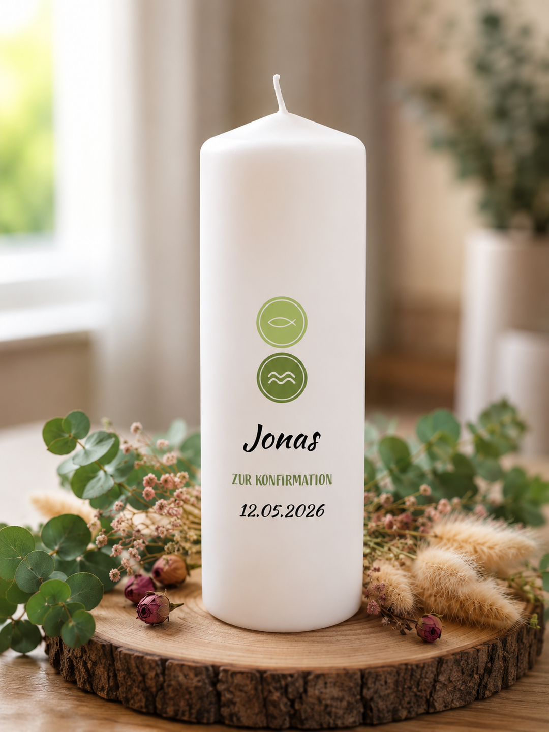 Kerze Konfirmation personalisiert „Symbole“ – mit Namen & Datum UV-gedruckt