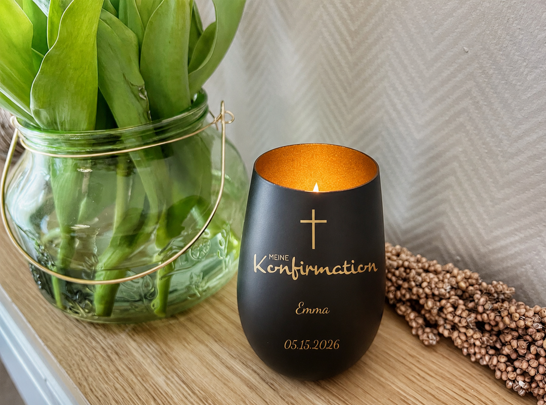 Windlicht Konfirmation personalisiert „Kreuz“ – mit Namen & Datum graviert