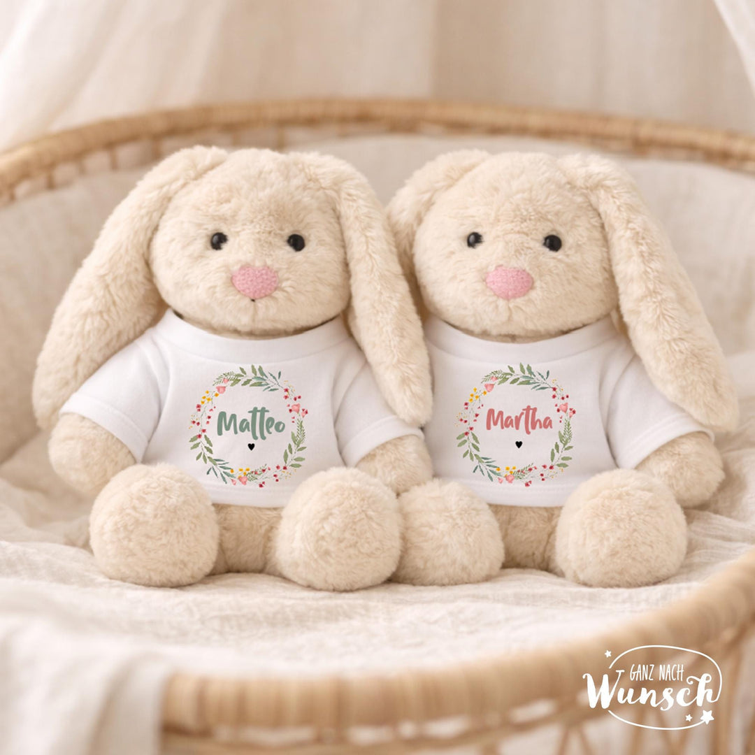 minifeet Stoffhase mit Namen im Blumenkranz
