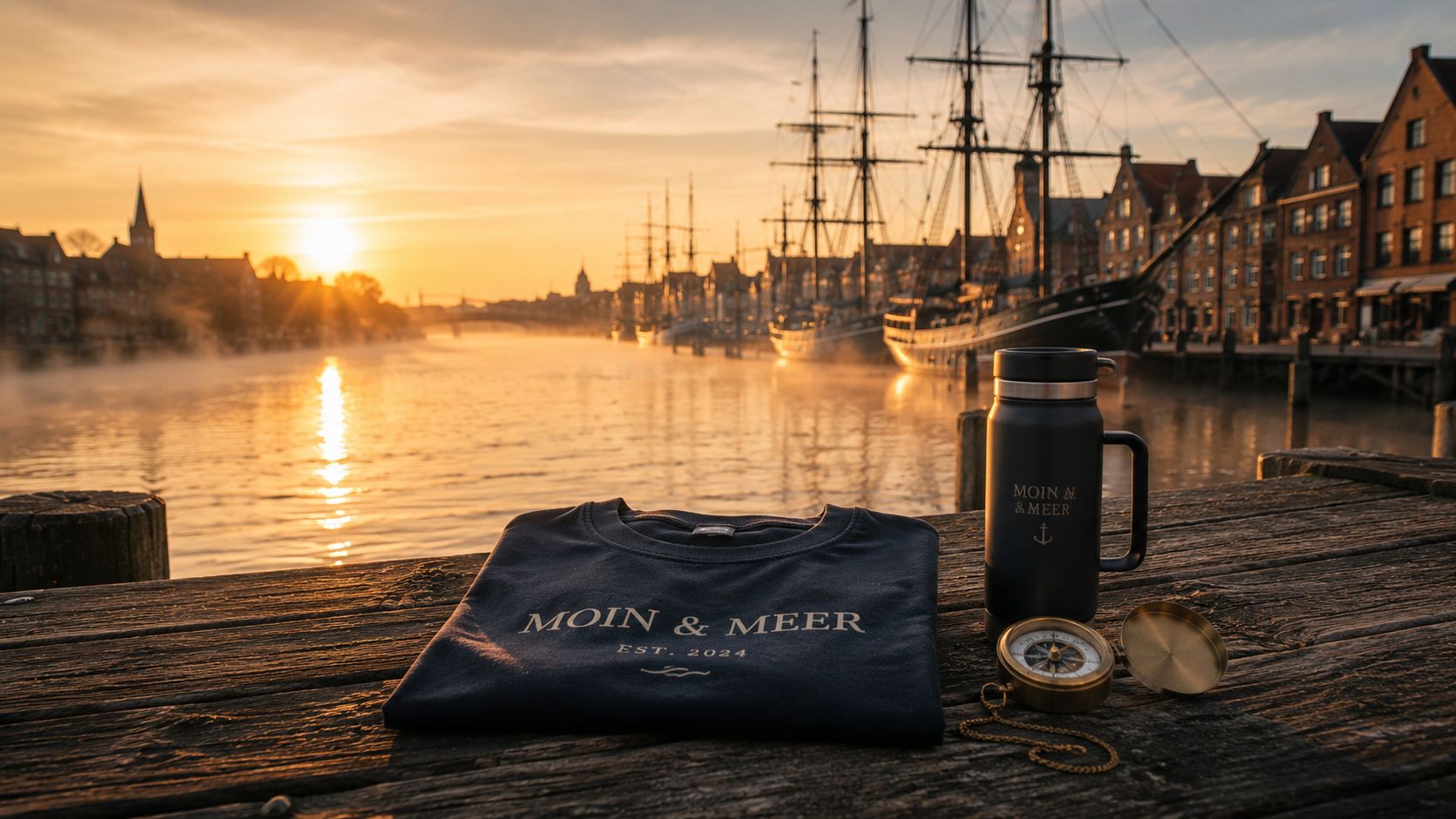 Moin und Meer T-Shirt und Thermobecher Flatlay am Elsflether Hafen Sonnenaufgang Vintage Kompass
