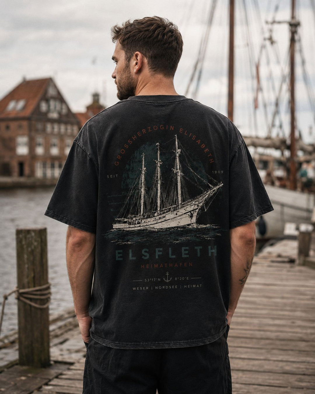Herren T-Shirt Moin und Meer schwarz washed Oversized-Fit Brustlogo mit Anker Elsfleth